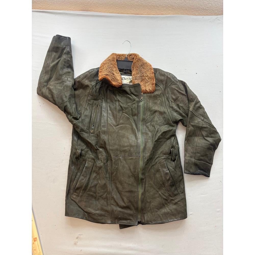 Showstop Keclar Olive Green Leather Jacket Sherpa Collar Vintage Size 40